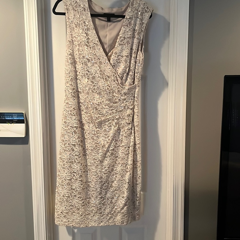 Cocktail dress, cream, glitter detail throughout, no zipper, worn once